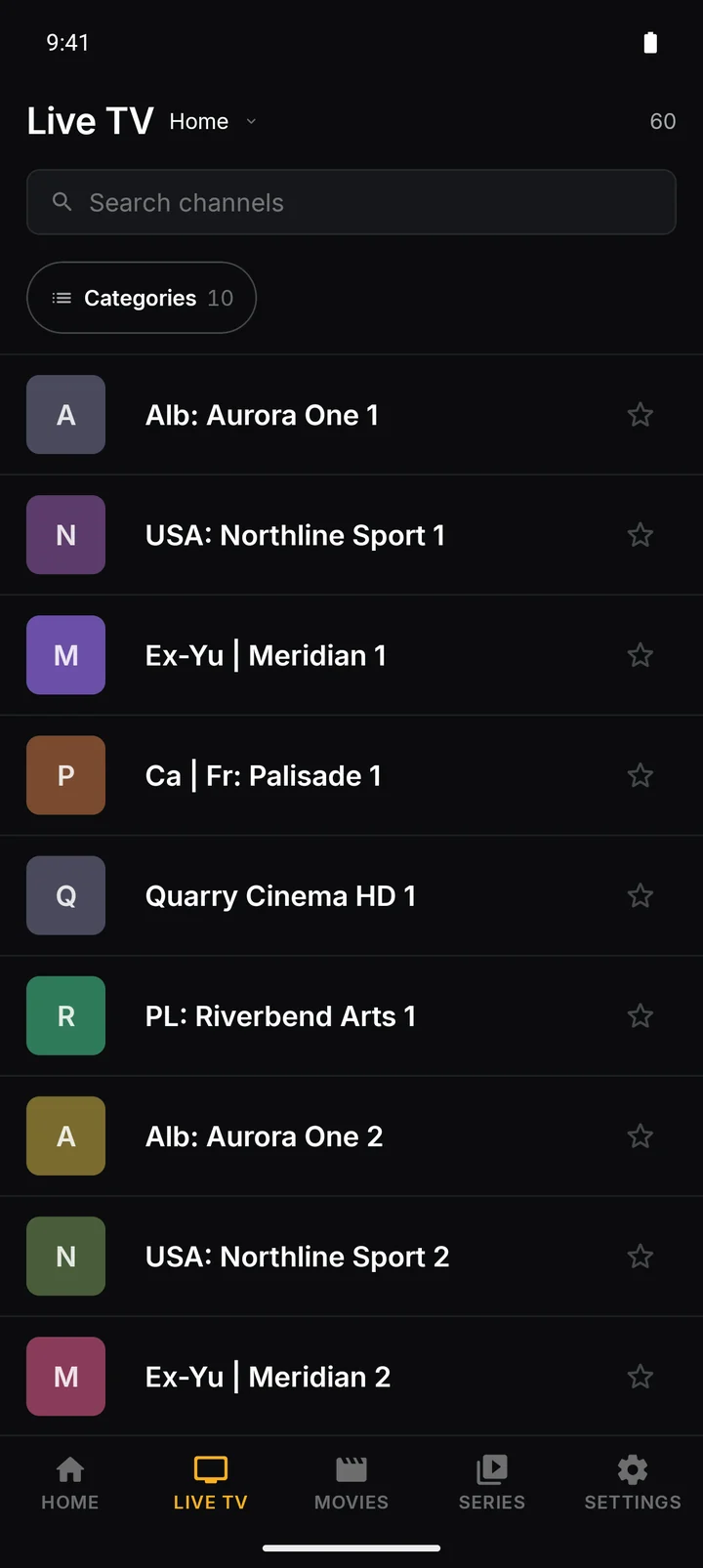 King IPTV Player on Android: the Live TV list with a channel search field and a Categories button.