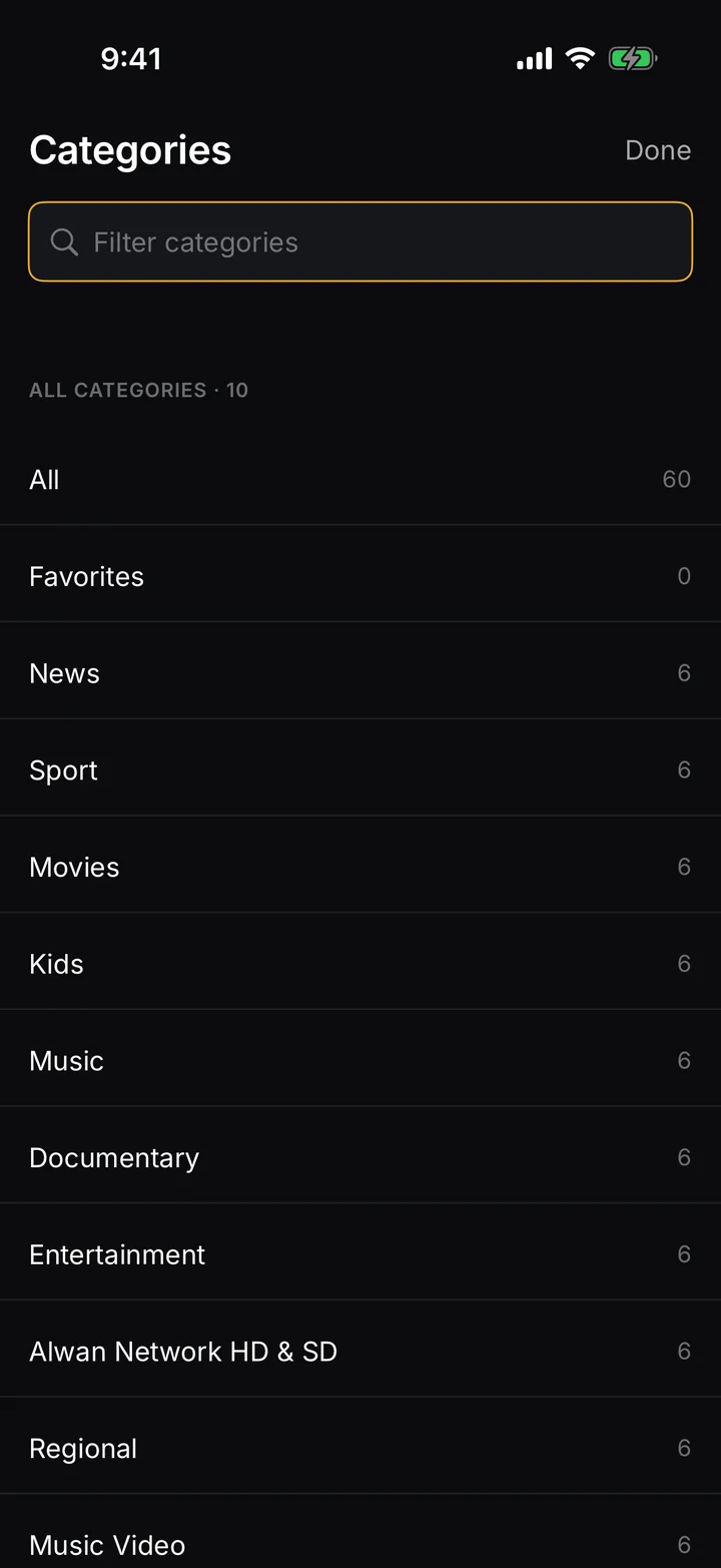 Categories: a filterable list of every category with channel counts.