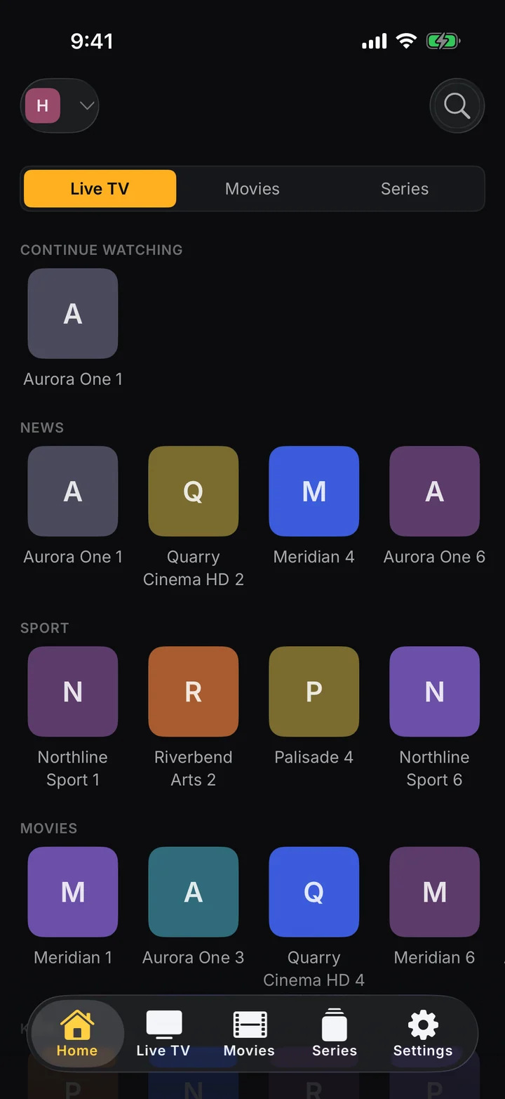 King IPTV Player on iPhone: the Home screen with rows of live channels grouped into News, Sport and Movies.