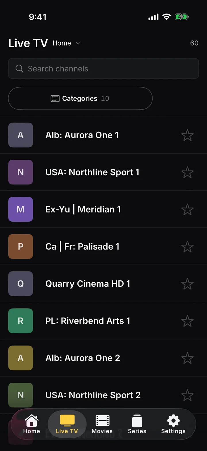 Live TV: a searchable channel list with favourite stars.