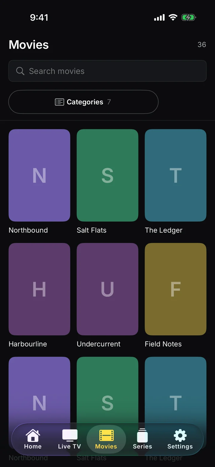 Movies: a poster grid with search and categories.