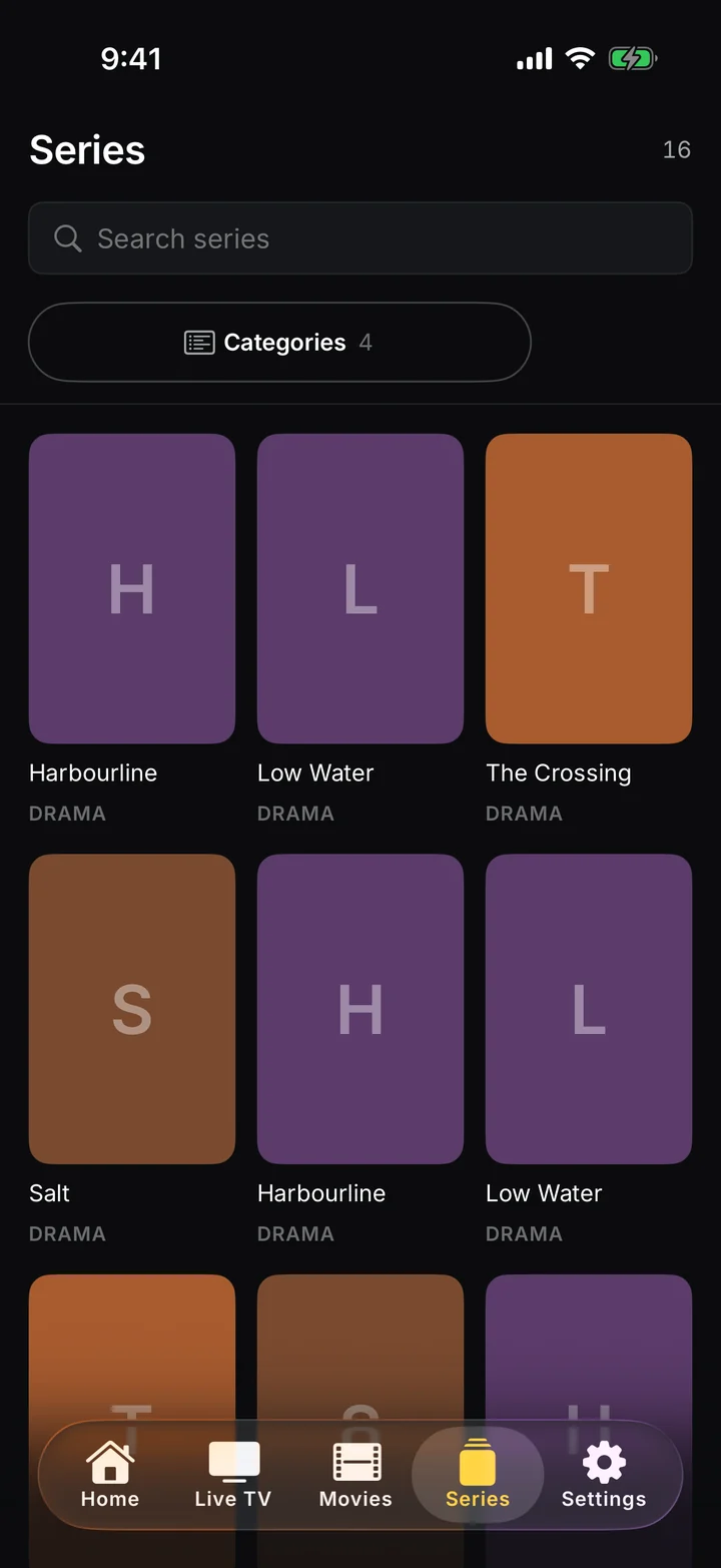 Series: a poster grid of shows with genre labels.