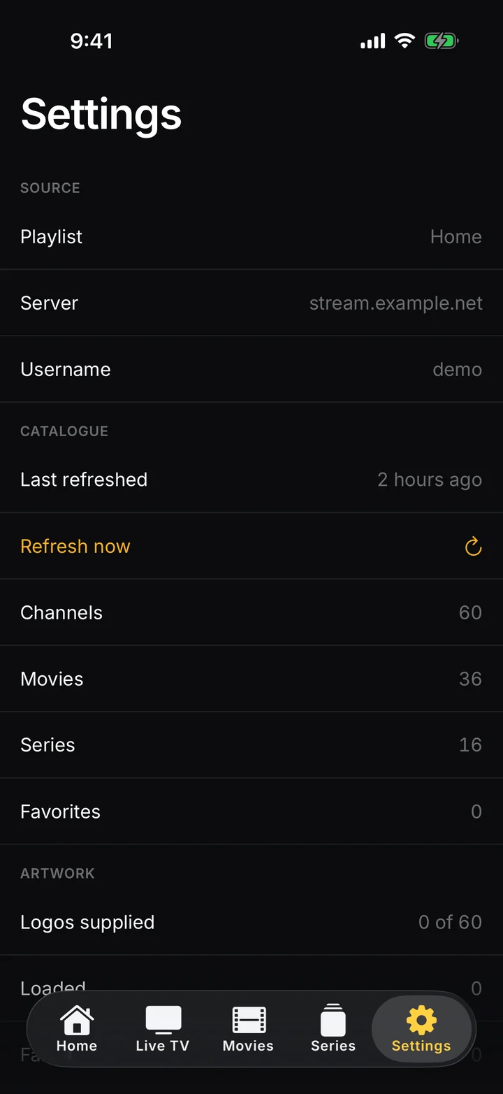 Settings: source, server, catalogue counts and a Refresh now action.
